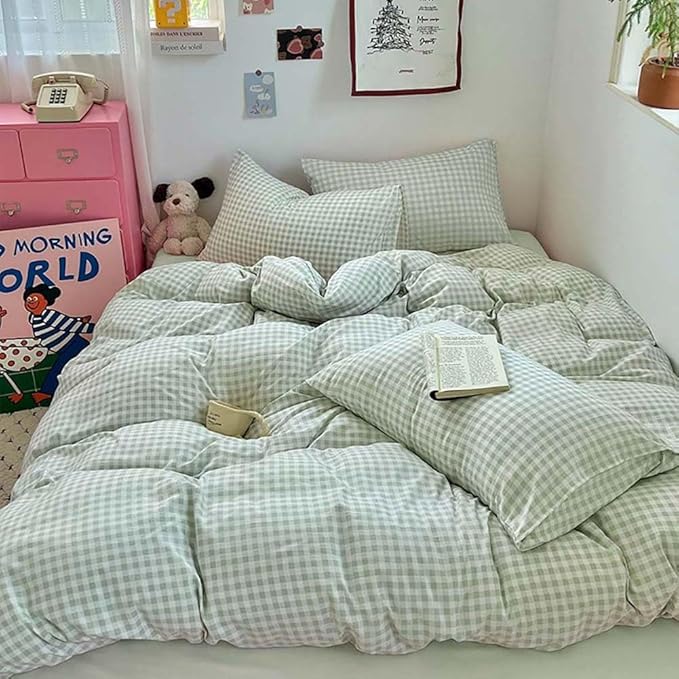 Nayoroom Green Gingham Duvet Cover Queen Size Plaid Checkered Duvet Cover Girls Dorm Bedding Set 3 Pieces Soft Lightweight Washed Microfiber Farmhouse Bedding with Pillowcases