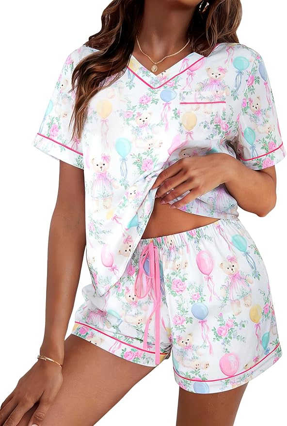 ASTANFY Valentines Day Pajamas Women 2 Piece Silk Valentine Pjs Cute Heart Pajamas V Neck Satin Sleepwear Loungewear Set