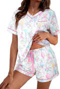 ASTANFY Valentines Day Pajamas Women 2 Piece Silk Valentine Pjs Cute Heart Pajamas V Neck Satin Sleepwear Loungewear Set
