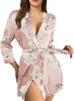 WJing Yi Jia Womens Satin Kimono Robe Silky Robes Floral Bathrobe Bride Bridesmaid Wedding Bridal Dressing Gown Loungewear