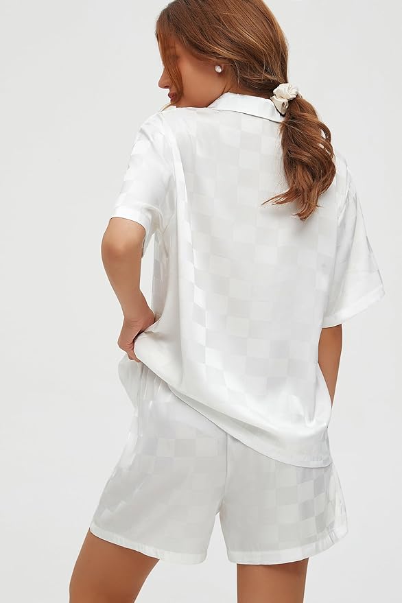 CHYRII Women's Silk Satin Pajamas Sets Tie Front Short Sleeve Tops and Shorts Two Piece Pj Sets Sleepwear