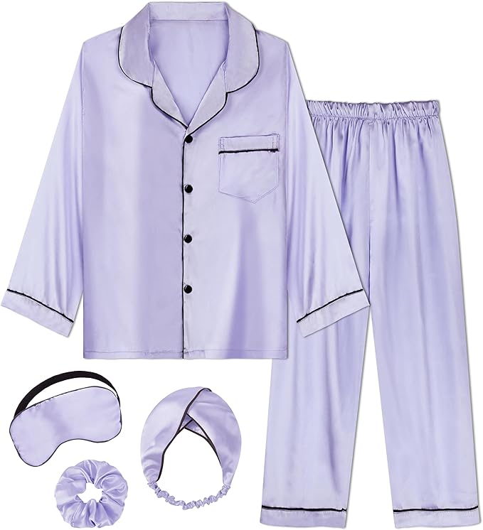 EPLAZA Kids Satin Pajamas Sets Girls Boys Button-Down Silky Pajamas Sleepwear with Hairband Eye Mask Hair Tie