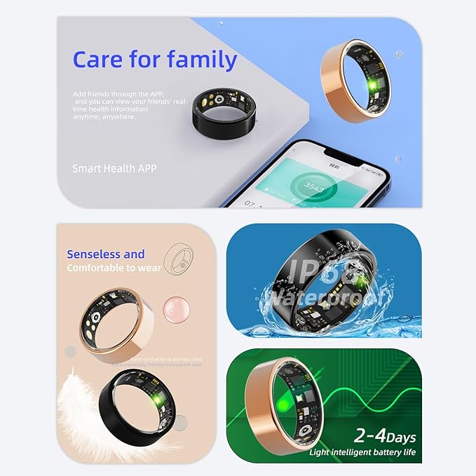 Smart Ring for Men & Women, Fitness and Health Tracker with Sleep Monitoring, Steps Counting, Daily Wellness Insights, IP68 Waterproof, No Subscription, Compatible with App (Gold, 9)