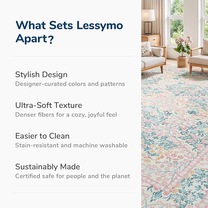 Lessymo Floral Washable Area Rugs 6x9, Soft Pink Rugs for Living Room Bedroom Nursery Dining Room, Vintage Carpet Mat Low Pile Non Slip Stain Resistance Distressed Retro Indoor, Pink Green