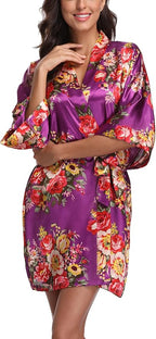 Women's Floral Satin Robes Bride Bridesmaid Getting Ready Robe Short Silky Kimono Sleepwear for Wedding Party