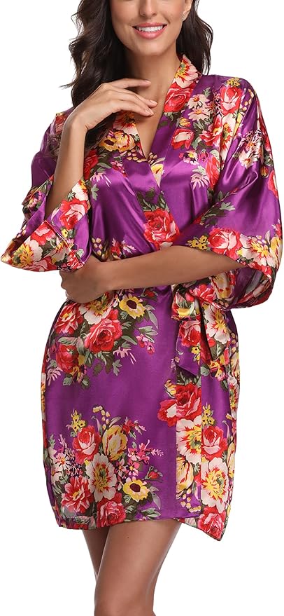 Women's Floral Satin Robes Bride Bridesmaid Getting Ready Robe Short Silky Kimono Sleepwear for Wedding Party