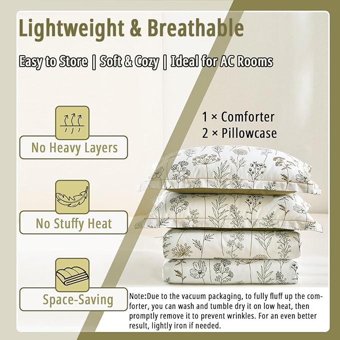 ALEISSEL White Botanical Cotton Comforter King Size - 3PC Lightweight Bedding Sets with Ultra-Soft Alternative Fill, Luxurious Pale Mustard Reversible Design (1 Comforter, 2 Pillowshams)