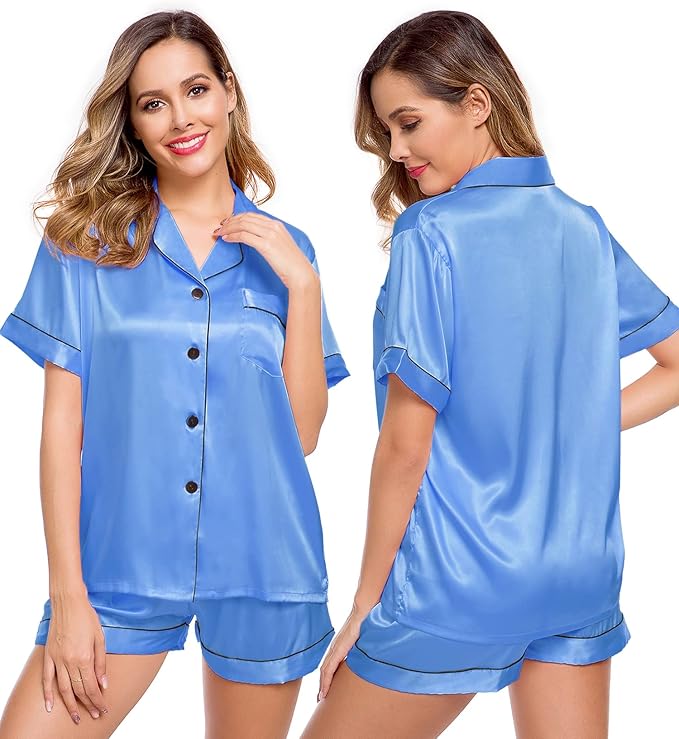 LecGee Womens Silk Satin Pajamas Short Sleeve Loungewear Two-Piece Sleepwear Button-Down Pj Set