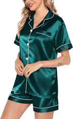 SWOMOG Satin Matching Pajamas Sets Couple Silk Button Down Nightwear Women & Men Short Sleeve Sleepwear 2 Pieces Loungewear