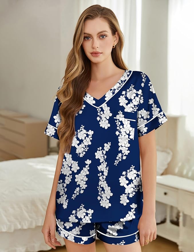 Silk Pajamas for Women Short Sleeve Satin 2 Piece Pj Set Soft V Neck Sleepwear Loungewear, S-XXL
