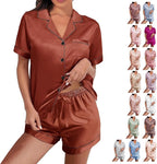 WJing Yi Jia Womens Silk Satin Pajamas Loungewear Two-Piece Sleepwear Button-Down Floral Pj Set XS-4XL