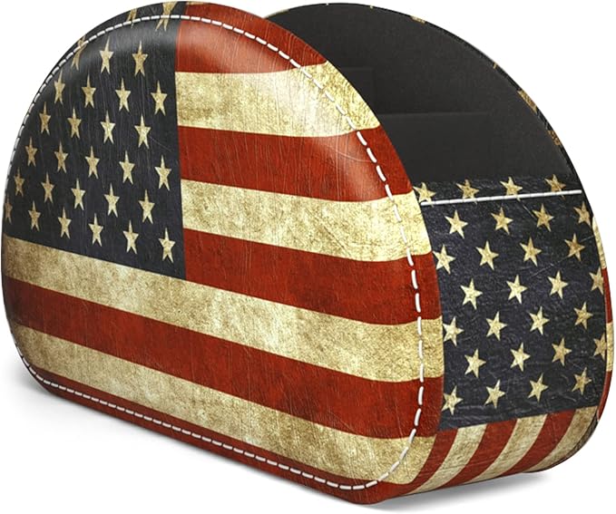 QIELIZI Leather Remote Caddy Desktop Organizer with 5 Spacious Compartments for TV Remotes/Media Controllers/Office Supplies (American Flag)