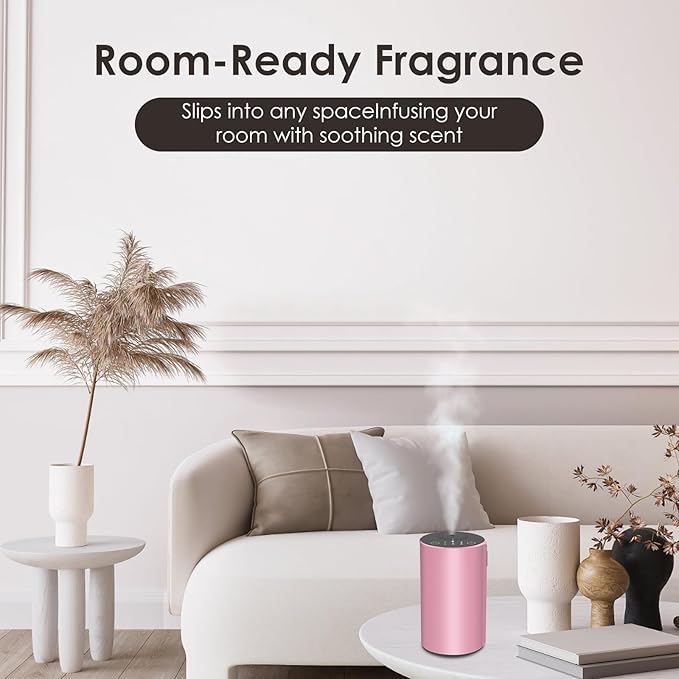 Waterless Essential Oil Diffuser, Battery Powered Mini Scent Air Machine, Aromatherapy Mist Diffuser for Home Room Car Office (Pink Aluminum Alloy)