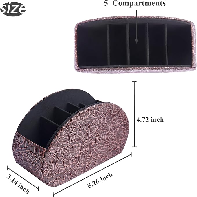 QIELIZI Remote Control Holder, PU Leather Remote Caddy Desktop Organizer with 5 Spacious Compartments for TV Remotes/Media Controllers/Office Supplies (1-Carved Copper Red