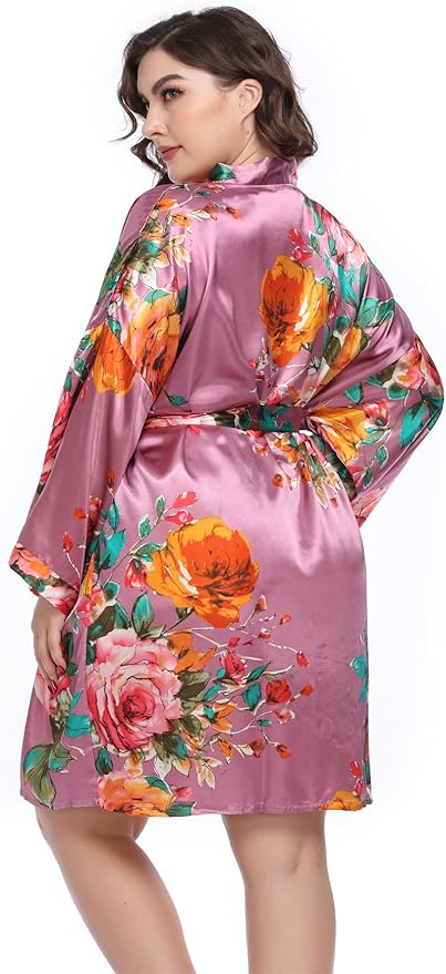 MissNina Women's Floral Satin Kimono Robes Short Silky Bridesmaid Robes Sleepwear