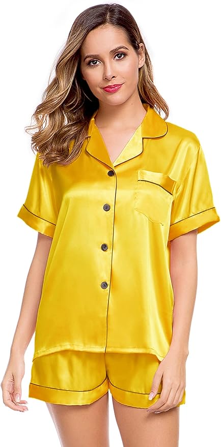 LecGee Womens Silk Satin Pajamas Short Sleeve Loungewear Two-Piece Sleepwear Button-Down Pj Set