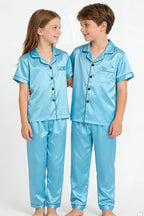 Hupohoi Unisex Girls Boys Kids Pajama Sets Button Down Satin Sleepwear Nighty 3PCS Silky Lounge Sets Nightwear