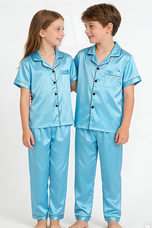 Hupohoi Unisex Girls Boys Kids Pajama Sets Button Down Satin Sleepwear Nighty 3PCS Silky Lounge Sets Nightwear