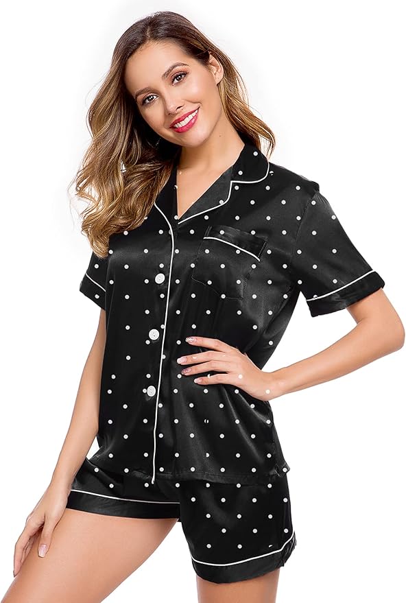 LecGee Womens Silk Satin Pajamas Short Sleeve Loungewear Two-Piece Sleepwear Button-Down Pj Set