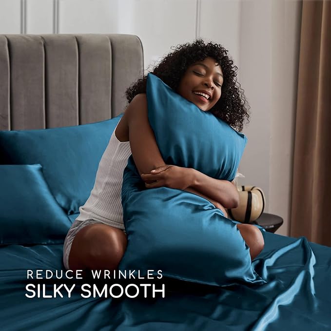 MR&HM Satin Bed Sheets, Queen Size Sheets Set, 4 Pcs Silky Bedding Set with 15 Inches Deep Pocket for Mattress (Queen, Teal)