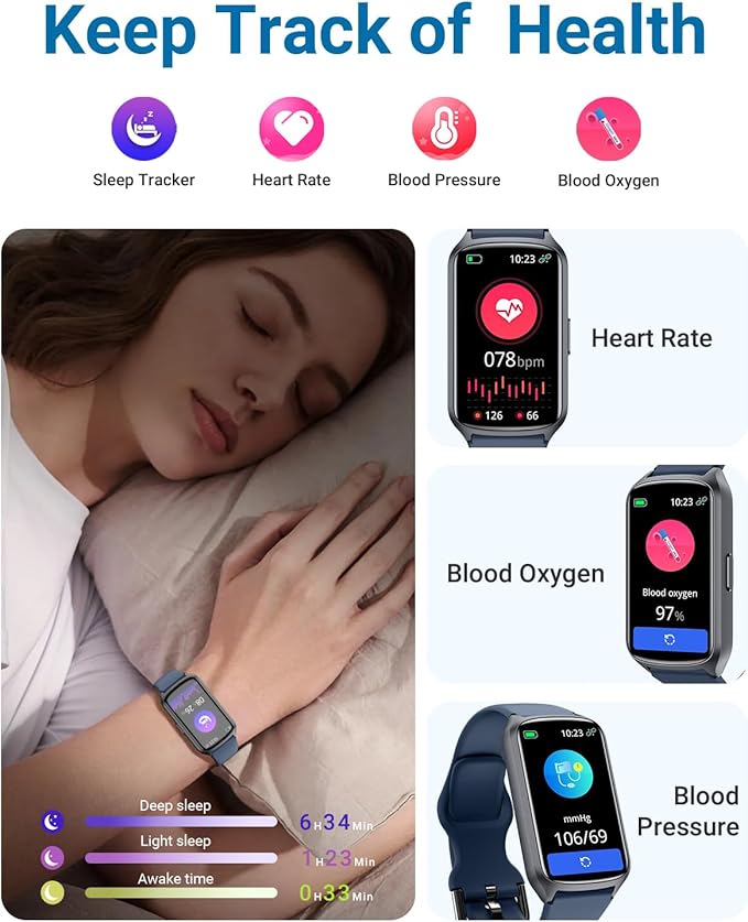 Amzhero Health Fitness Tracker with 24/7 Heart Rate, Blood Oxygen, Blood Pressure, Sleep Tracker, 5ATM Waterproof Activity Trackers with Step Tracker, Pedometer (S & L Bands Included)