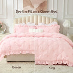 BEDELITE Baby Pink Comforter Set Queen - 3 Pieces Boho Ruffle Pintuck Bedding Comforter Sets, Lightweight Soft & Warm Bed Comforter with 2 Pillowcases for Spring,Valentines Day Gift
