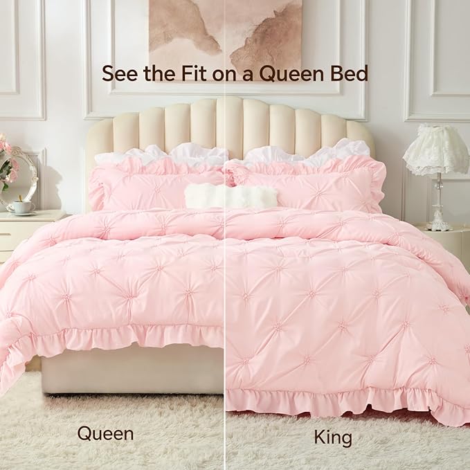 BEDELITE Baby Pink Twin Comforter Set - 2 Peices Boho Ruffle Pintuck Bedding Comforter Sets, Lightweight Soft & Warm Twin Bedding Sets with 1 Pillowcase for All Season