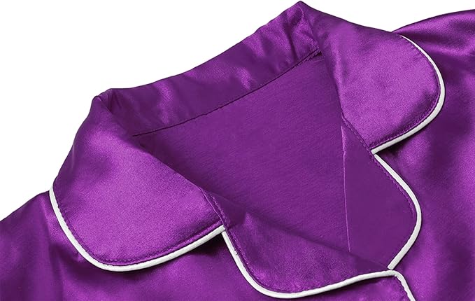 Umeyda Girls Womens Pajamas Set, Satin Silky Button Down Loungewear 2 Piece Short Sleeve Pants PJS Sets for Mommy Kids