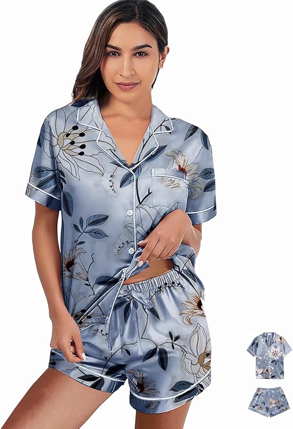 WJing Yi Jia Womens 3Pcs Satin Pajamas Set Floral Silk Pajama Sets Stripe Lounge Set Silky Sleepwear XS-2XL Pjs Long Scarves