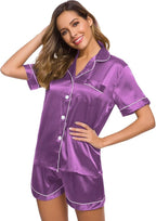 SWOMOG Womens Silk Satin Pajamas Set Short Sleeve Sleepwear Button Down Top and Shorts Loungewear 2 Piece Pjs Set XS-3XL