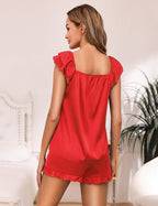 Satin Pajama Set for Women 2 Piece Silk Pjs Ruffle Sleeve Top and Shorts Cute Bridal Sleepwear Set S-XXL