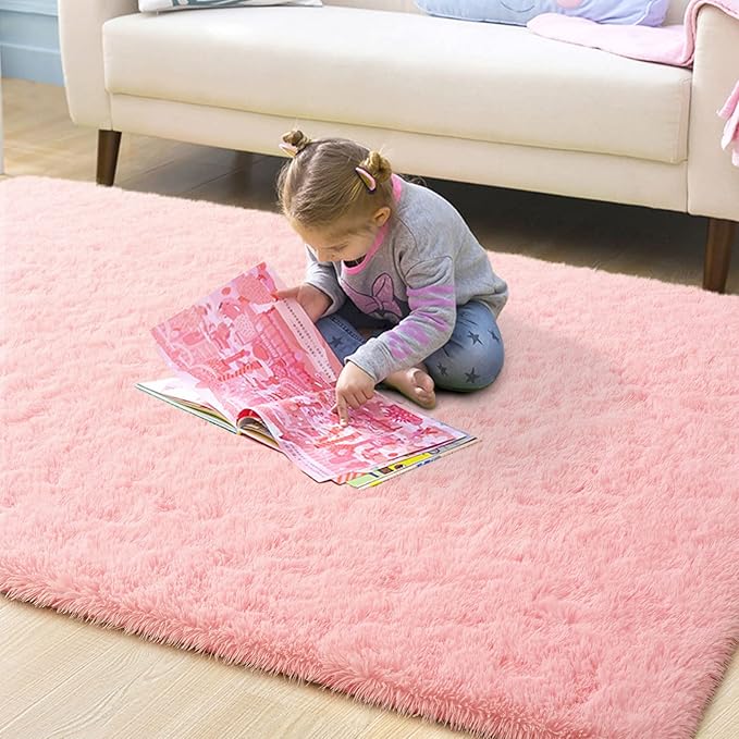 ISEAU Fluffy Rug Carpets Soft Shaggy Area Rugs, Indoor Floor Mats for Kids Room Fuzzy Carpet, Dorm, College, Apartment Mat Bedside Rug for Boys Girls Bedroom Living Room Home Decor, 3ft x 5ft, Pink