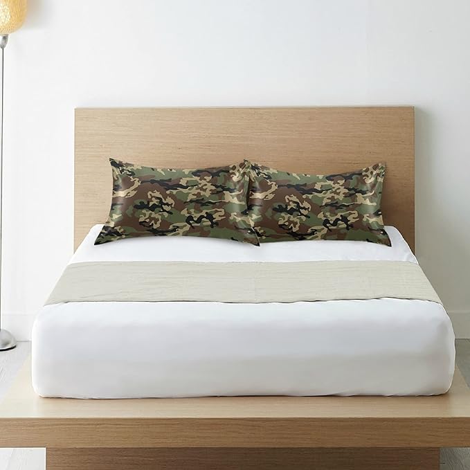 Green Army Camo Satin Pillowcase for Hair and Skin, Army Camouflage Military Silk Pillow Case with Envelope Closure, Standard Size 20x26 inches, 1 PC