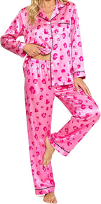 Womens Satin Pajama Set 2 Piece Silk Long Sleeve Pjs Soft Button Down Loungewear Sleepwear