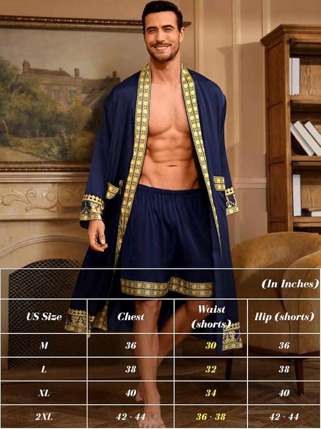 ChiaoLezhee Men's Luxury Silky Robe & Shorts Set, 2PC Lightweight Satin Pajamas with Pockets, Opulent Baroque Kimono Gifts