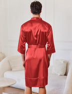 Ekouaer Mens Satin Robe Lightweight Silky Kimono Bathrobe 3/4 Sleeve Spa Knee Length Loungewear with Pockets S-3XL