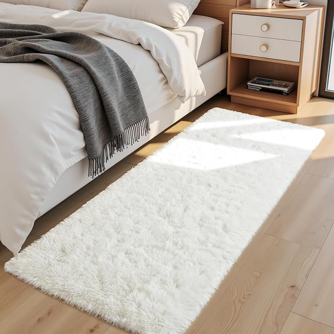Macgace Fluffy Runner Rug, 2x6 Cream White Washable Hallway Area Rugs for Bedroom Living Room Kitchen Laundry, Long Shag Rug with Non Slip Rubber Backing Fuzzy Entryway Carpet Modern Home Decor