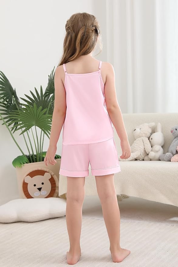 Weixinbuy Girls Pajamas Silk PJS Set Sleeveless Pajama Tank Elastic Waist Shorts Sleepwear Kids Summer Nightwear Clothes Set