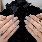 Hypnaughty 24 Pcs Beige Ballerina Press On Nails with Glue Medium Short Length Fake Nails with Glitter Design Glossy Acrylic Press On Nails Full Cover (Beige)