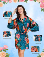 EPLAZA Silk Robes for Women Satin Robe Short Sexy Print Flower Kimono Loungewear Wedding Bridal Party