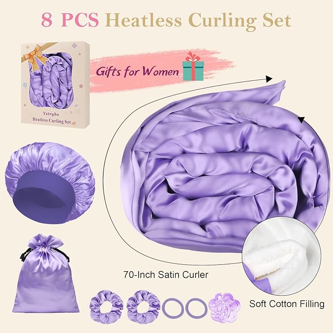Satin Heatless Hair Curler Curls Overnight Hair Curlers to Sleep in, Hair Curlers No Heat Curls Overnight, Heatless Curling Set for Women Long Hair - 8 Pcs (Purple)