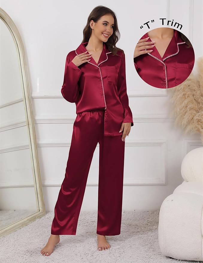 Ekouaer Pajamas For Women Set Silk Pjs 2 Piece Satin Sleepwear Long Sleeve Button Down Lounge Sets With Pant