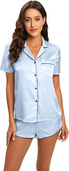 Silk Pajamas for Women Satin Womens PJ Set 2 Piece Short Lounge Set Summer Sleepwear Notch Collar Button-Down Pjs