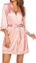 Ekouaer Women's Lace-Trim Silk Robes Bride Bridesmaid Kimono Satin Bathrobe V Neck Sleepwear with 3/4 Sleeve
