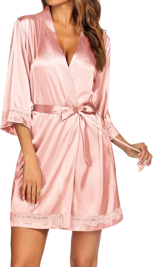 Ekouaer Women's Lace-Trim Silk Robes Bride Bridesmaid Kimono Satin Bathrobe V Neck Sleepwear with 3/4 Sleeve