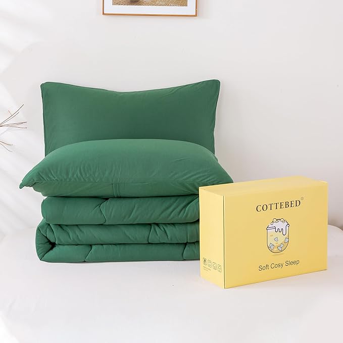 COTTEBED Softness Comforter Set King Size Bed, Jersey Knit Cotton T-Shirt Feel Ultra-Soft Comy Lightweight Bedding Quilt Blanket Pillowsham All Season, California/Cal King Emerald/Hunter/Forest Green