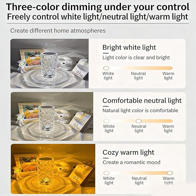 Can Switch 16 Colors Artificial Crystal Table Lamp, 2026 New 16 Color Rose Crystal Diamond LED Table Lamp, RGB Color Changing Rose Diamond Design, with Remote Control USB Charging Touch Sensor (Small)