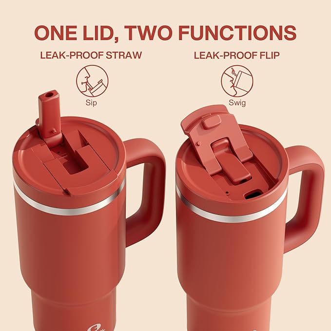 ENCOOL 32 oz Tumbler with Handle and Straw: Stainless Steel Insulated Tumbler Keeps Cold for 24 Hours, Leakproof Travel Cup Fits in Cup Holder and BPA-Free,Medium Carmine
