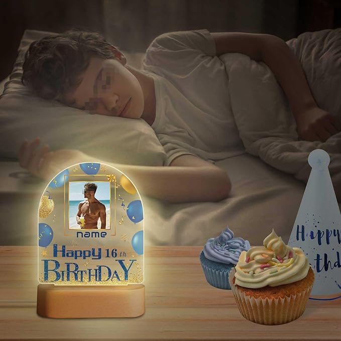 Customized Birthday Gifts Personalized Acrylic LED Night Light Lamp Plaque Custom Photo Name Age Birthday Gifts for Women Men(B-Blue and Gold)