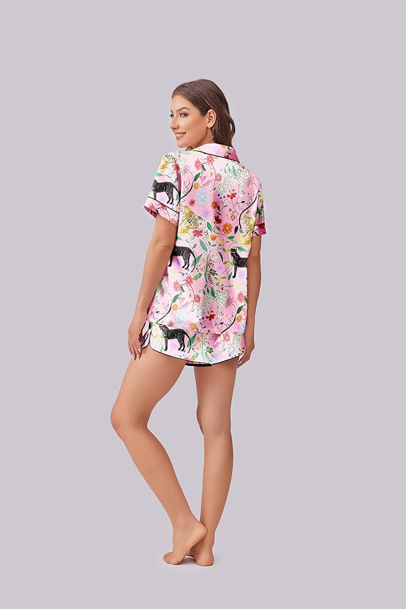 Ekouaer Womens Silk Satin Pajama Set Print Short Sleeve Sleepwear Button Down Pjs Shorts Set Loungewear